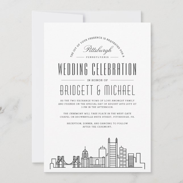 Convites Pittsburgh Wedding | Skyline Moderno Deco (Frente)