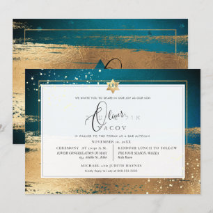 Convites Pix Dezines DARK TEAL DOURADO BRUSHSTROKE Mitzvah
