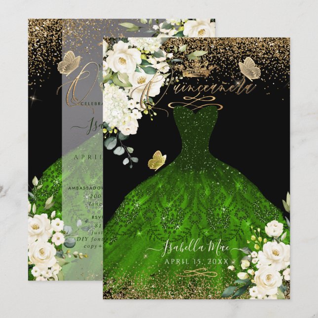 Convites Pix Dezines Quinceanera Emerald Green Glitter (Frente/Verso)