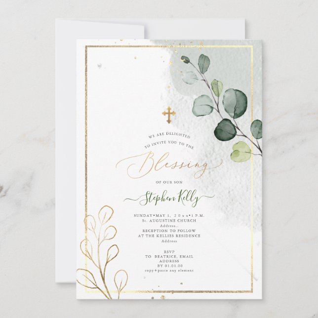 Convites Pix Dezines Watercolor Rustic Eucalyptus Baptism (Frente)