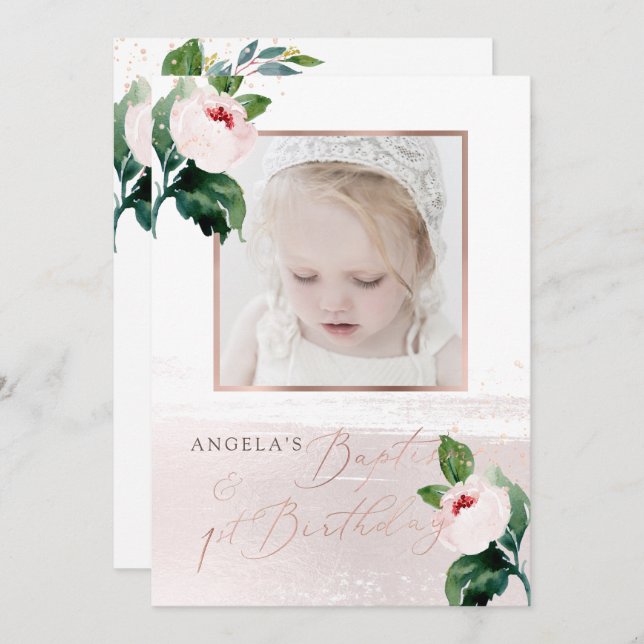 Convites PixDezine Baptism+1rua B'Rosas de Blush Watercolor (Frente/Verso)