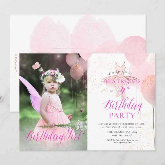 Convites PixDezine QUALQUER IDADE, Ballerina Birthday Girl (Frente/Verso)