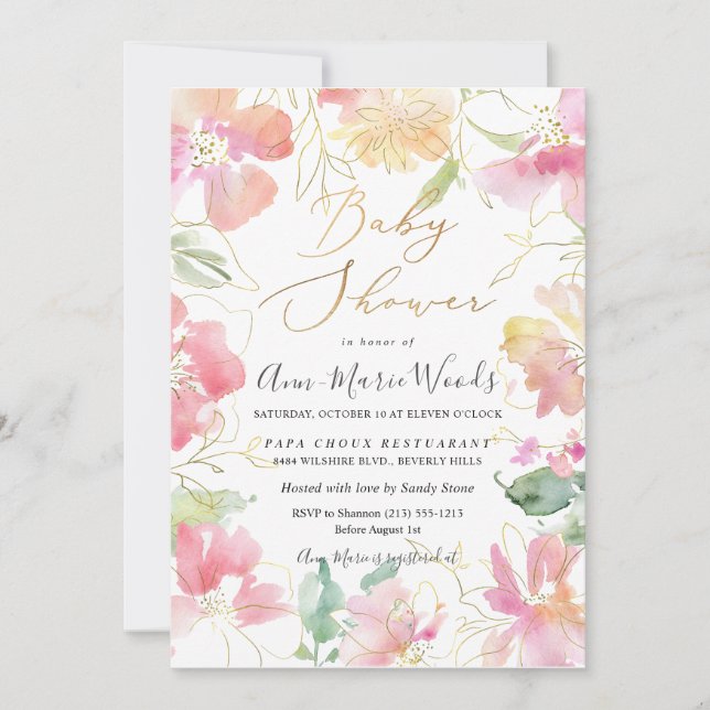 Convites PixDezines Aguarela Rosa Chá de Bebê Ervilhas-de-c (Frente)