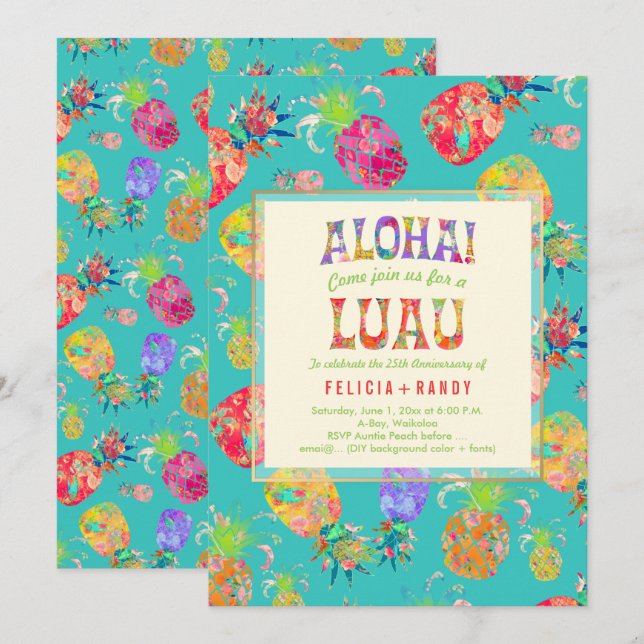 Convites PixDezines Aloha Havaiana Pineananases/Teal (Frente/Verso)