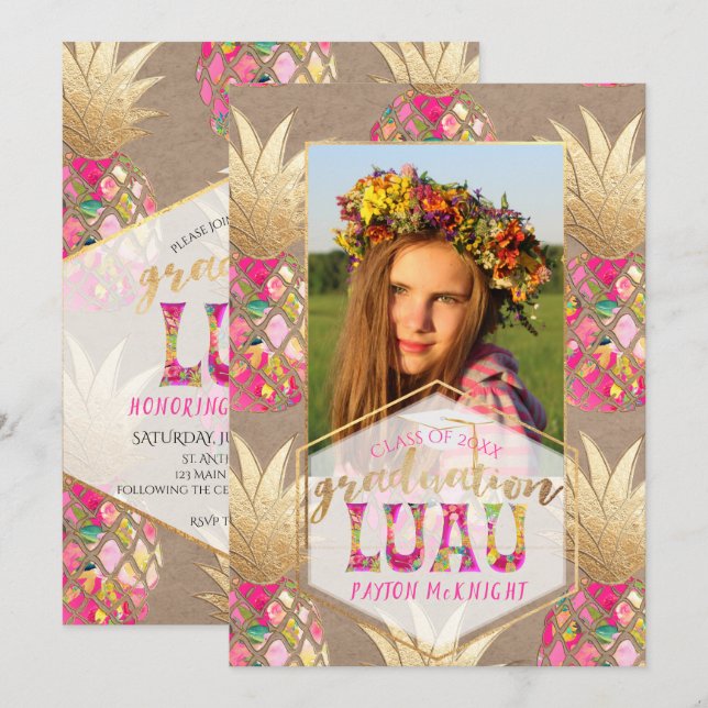Convites PixDezines Aloha Pineapple, Graduação Luau (Frente/Verso)