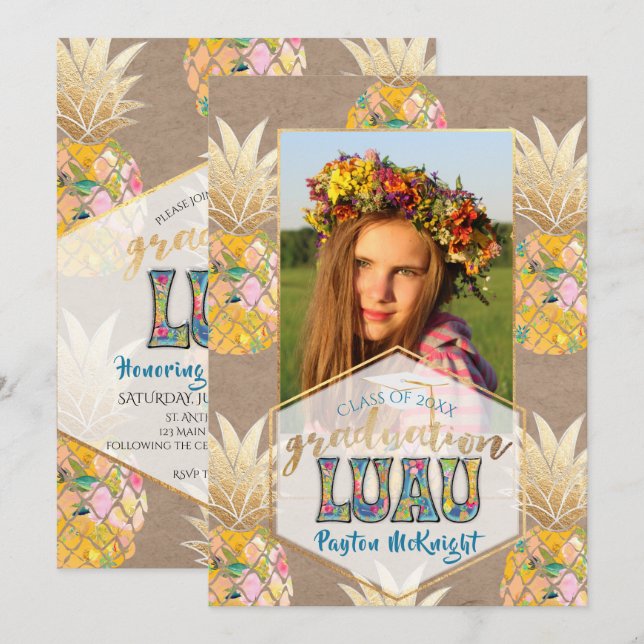 Convites PixDezines Aloha Pineapple, Graduação Luau (Frente/Verso)
