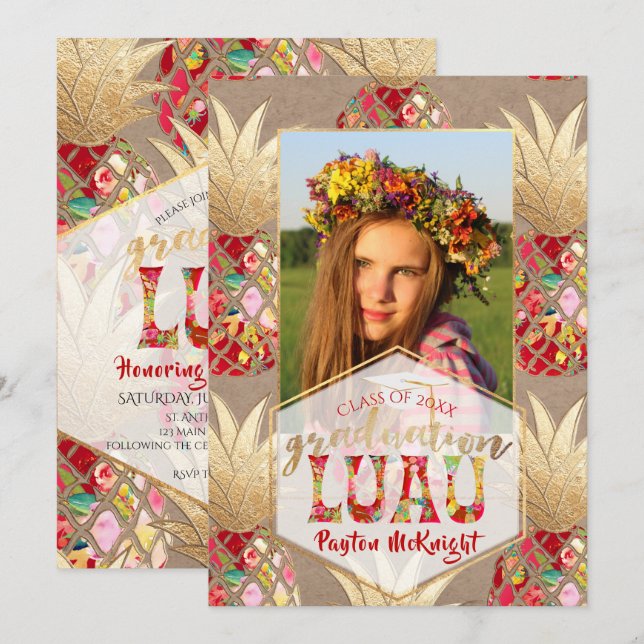 Convites PixDezines Aloha Pineapple, Graduação Luau (Frente/Verso)