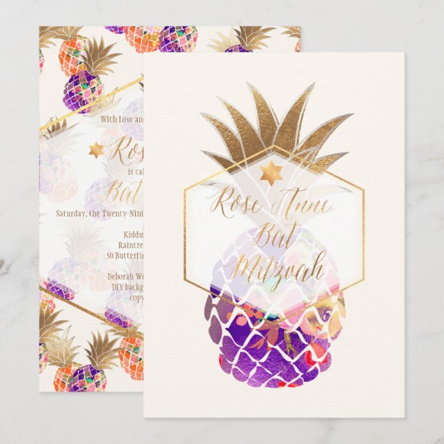 Convites PixDezines Aloha Pineapple/Watercolor/Bat Mitzvah (Frente/Verso)