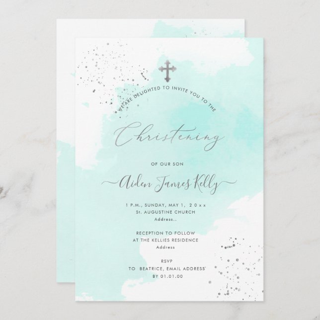 Convites PixDezines Aqua Blue Watercolor (Frente/Verso)