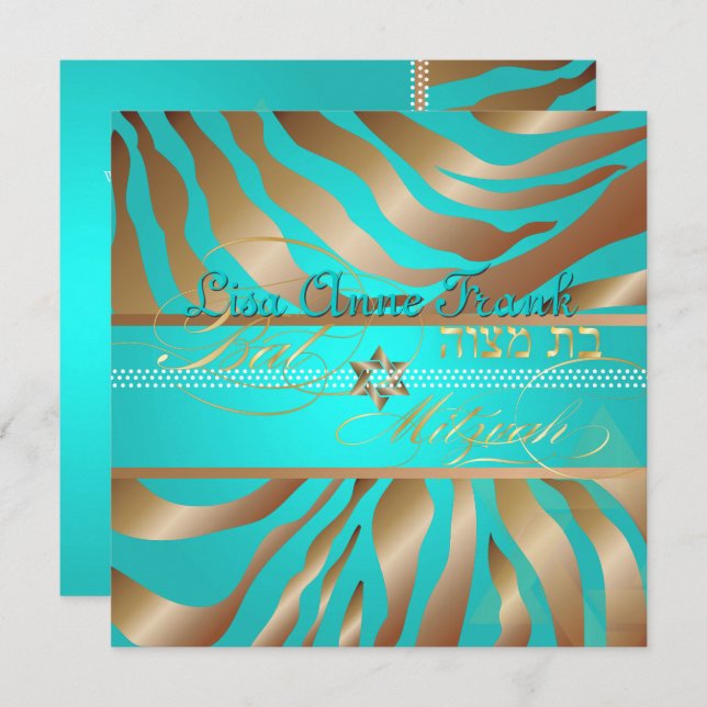 Convites PixDezines Aqua+Tan Zebra Stripes, Bat Mitzvah (Frente/Verso)
