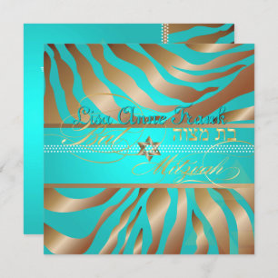 Convites PixDezines Aqua+Tan Zebra Stripes, Bat Mitzvah