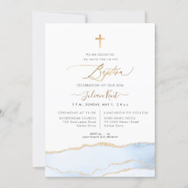 Convites PixDezines Aquarela Agate Bebê Azul Batismo Dourad