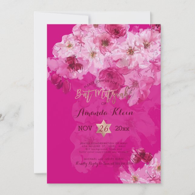 Convites PixDezines Aquarela Floral Bat Mitzvah (Frente)