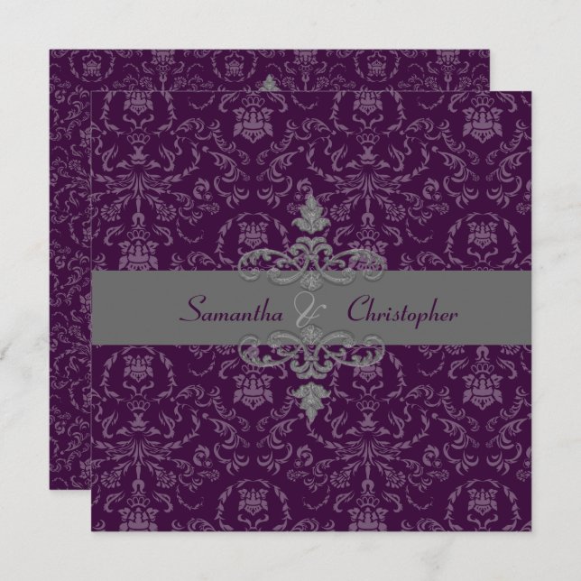 Convites PixDezines Arianna Damask, cor de Y,Plum/EggPlant (Frente/Verso)
