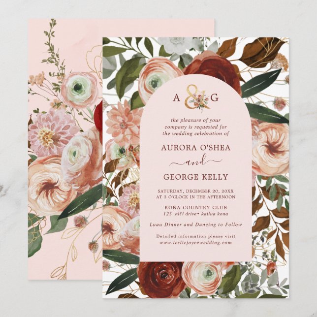 Convites PixDezines Autumn Love H2 Marsala Red Flowers Invi (Frente/Verso)