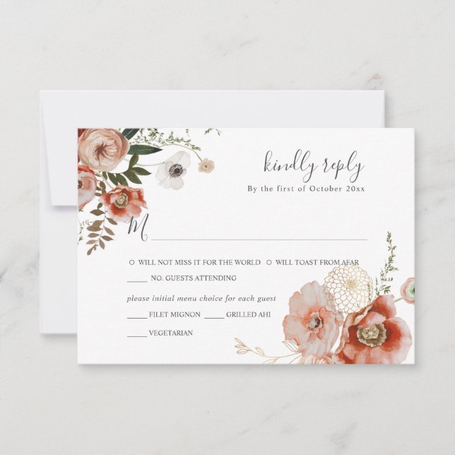 Convites PixDezines Autumn Watercolor Flowers Marsala RSVP (Frente)