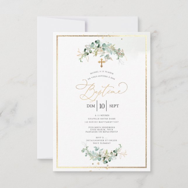 Convites PixDezines Baptême d'Eucalyptus Rustique Aquarelle (Frente)