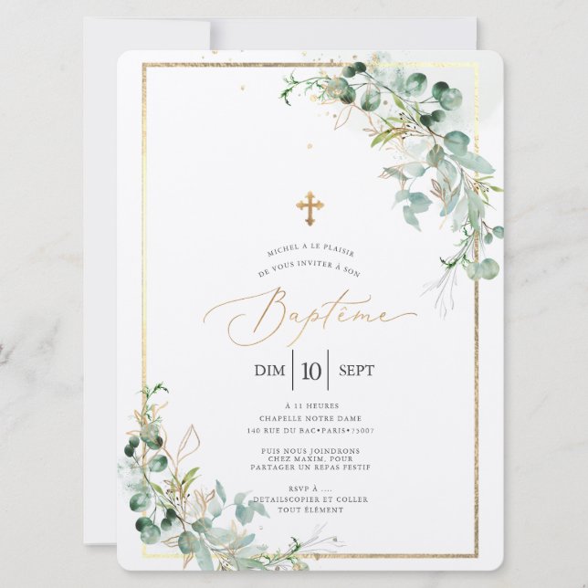 Convites PixDezines Baptême d'Eucalyptus Rustique Aquarelle (Frente)