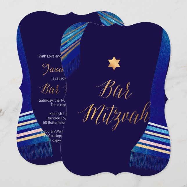 Convites PixDezines ✡ Bar de Tallit Azul Mitzvah (Frente/Verso)