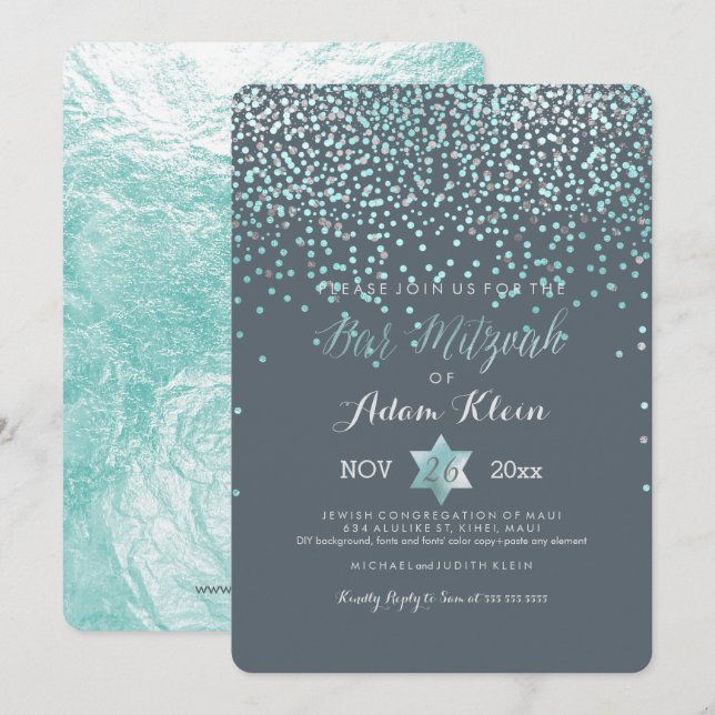 Convites PixDezines Bar Mitzvah/Confete Azul (Frente/Verso)