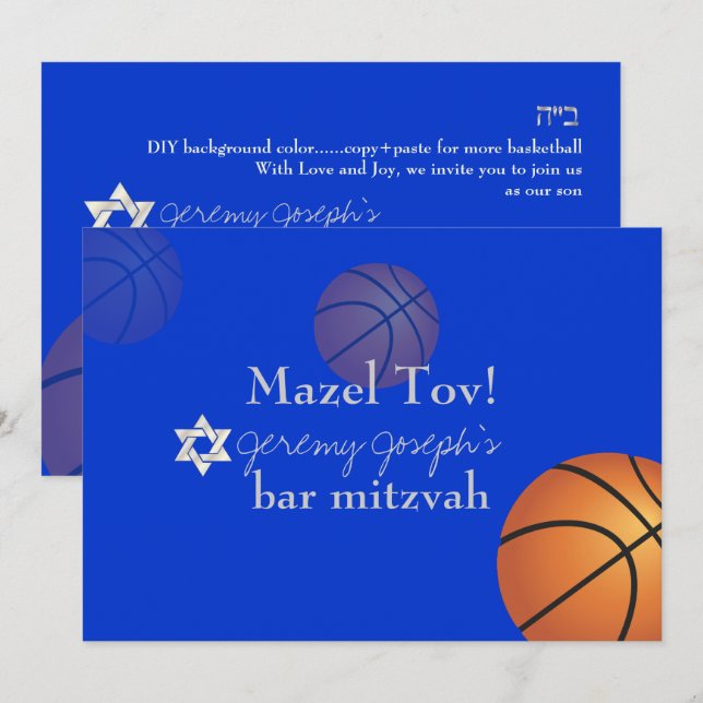 Convites ✡ PixDezines Basquetebol Bar Mitzvah/DIY Cor (Frente/Verso)