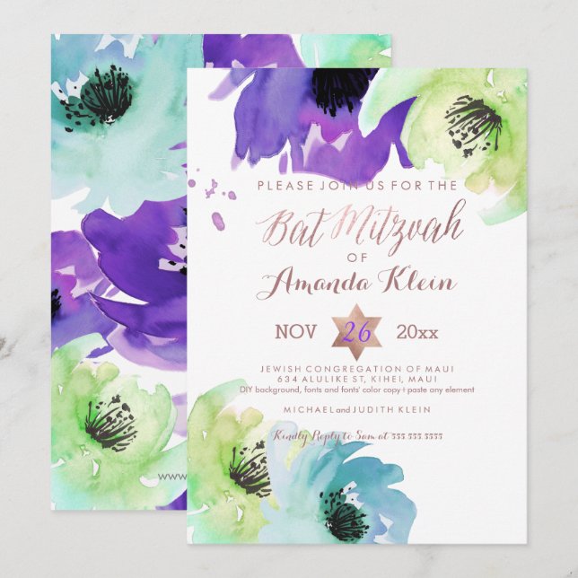 Convites PixDezines ✡ Bat Mitzvah/ Aquarela Floral (Frente/Verso)