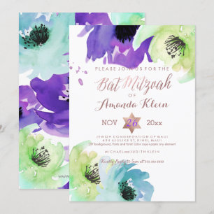 Convites PixDezines ✡ Bat Mitzvah/ Aquarela Floral