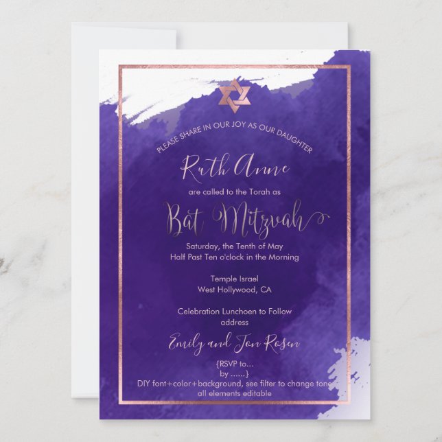 Convites PixDezines Bat Mitzvah | Aquarela Roxa (Verso)