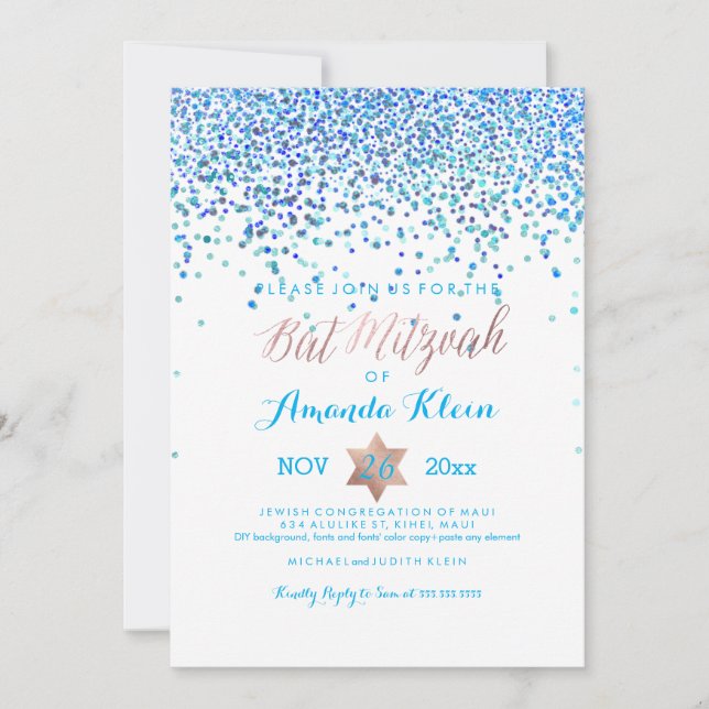Convites PixDezines Bat Mitzvah/Blue/Aqua/Teal/Confetti (Frente)