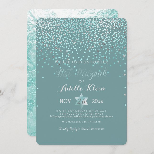 Convites PixDezines Bat Mitzvah/Blue Confetti (Frente/Verso)