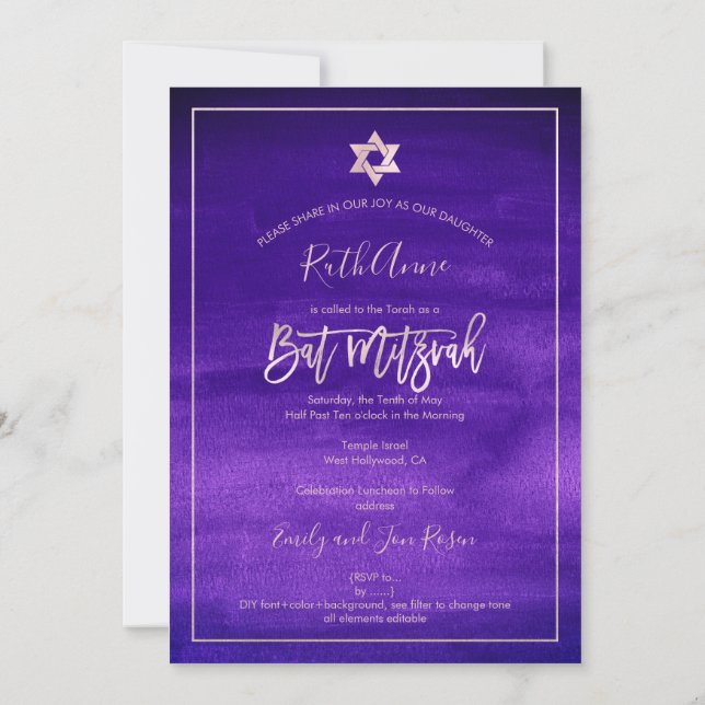 Convites PixDezines Bat Mitzvah|Cor d'água roxa (Verso)