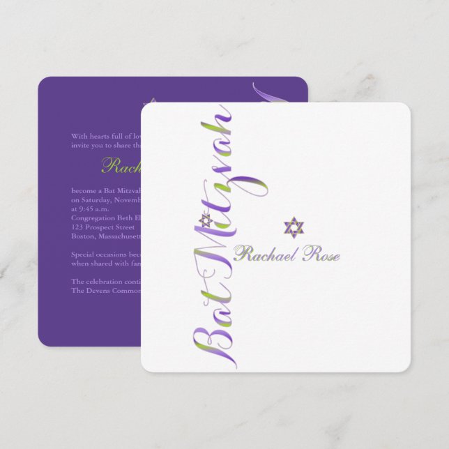 Convites PixDezines Bat Mitzvah/cor DIY (Frente/Verso)