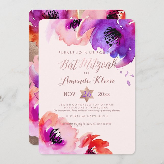 Convites PixDezines ✡ Bat Mitzvah/Floral Watercolor (Frente/Verso)