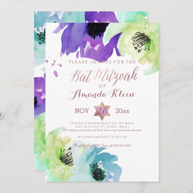 Convites PixDezines ✡ Bat Mitzvah/Floral Watercolor (Frente/Verso)