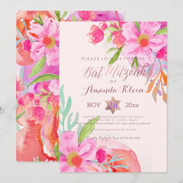 Convites PixDezines ✡ Bat Mitzvah/Floral Watercolor (Frente/Verso)