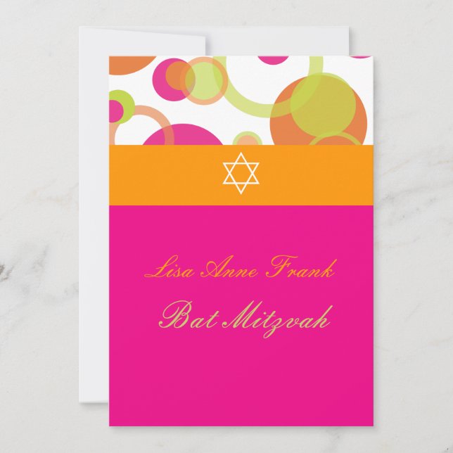 Convites PixDezines Bat Mitzvah + Mod Bolhas/laranja/rosa c (Frente)