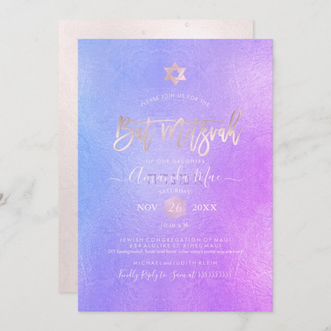 Convites PixDezines Bat Mitzvah, Ombre Roxo Iridescente (Frente/Verso)