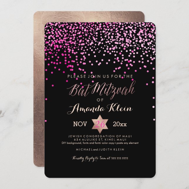 Convites PixDezines Bat Mitzvah/Pink/Rosa Dourado/Confetti (Frente/Verso)