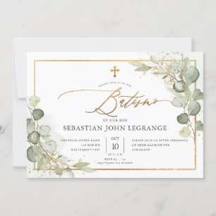 Convites PixDezines Batismo de eucalipto rústico em aquarel
