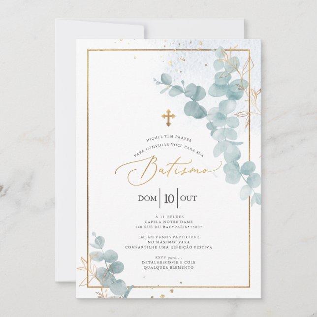 Convites PixDezines Batismo de eucalipto rústico em aquarel (Frente)