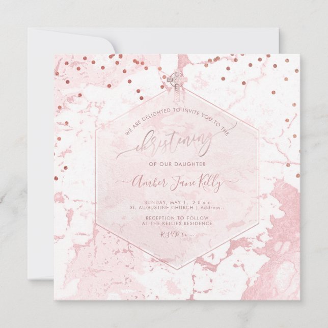 Convites PixDezines Batizado Blush Favo de Mel Mármore (Frente)