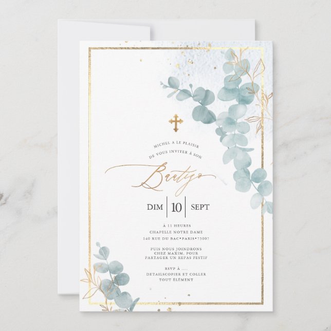 Convites PixDezines Bautizo Eucalipto Rústico Acuarela (Frente)