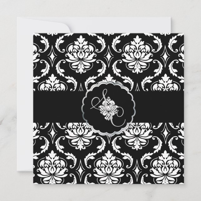 Convites PixDezines Black+White Vendome Damask (Frente)