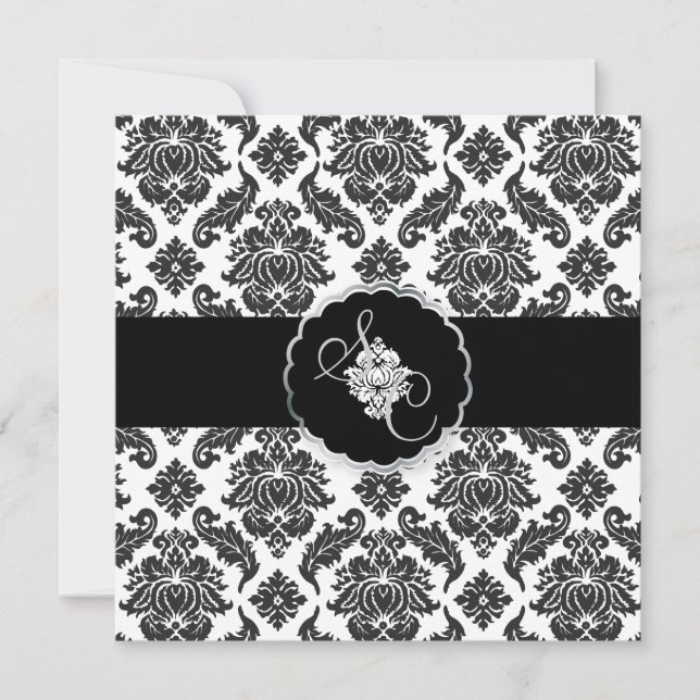 Convites PixDezines Black+White Venezia Damask (Frente)