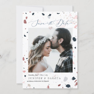 Convites PixDezines Blue Blush Terrazzo, data de salvamento