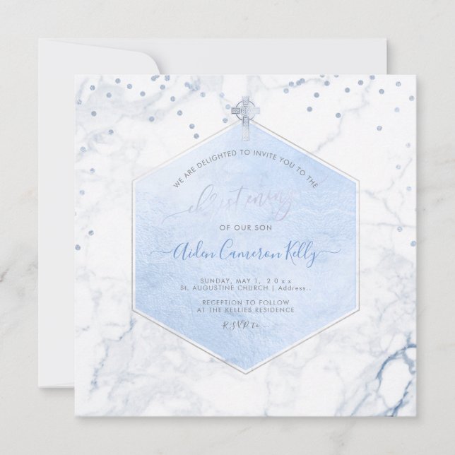 Convites PixDezines Blue Honeycomb Marble Christening (Frente)