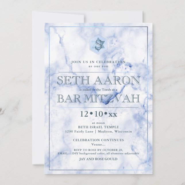 Convites PixDezines Blue Marble Honeycomb BarMitzvah ✡ (Verso)