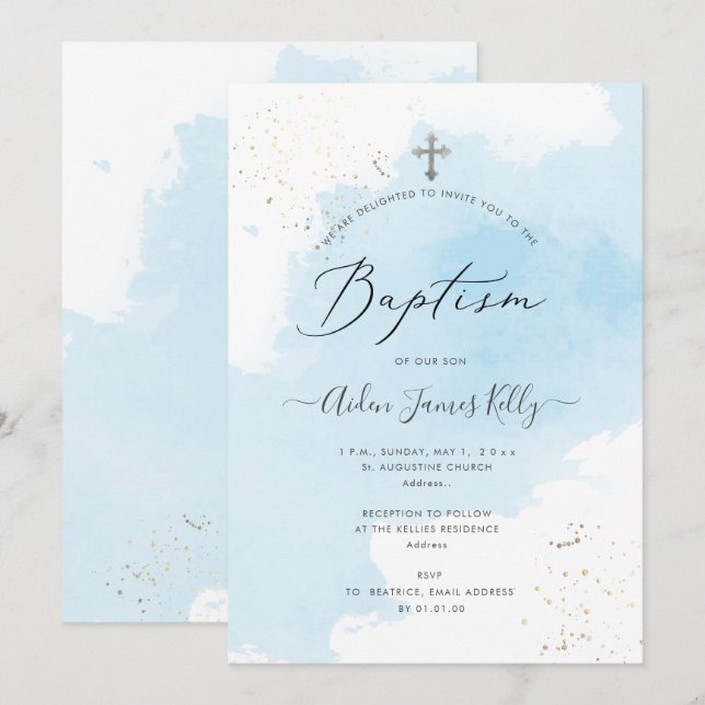 Convites PixDezines Blue Watercolor Silver Baptism (Frente/Verso)