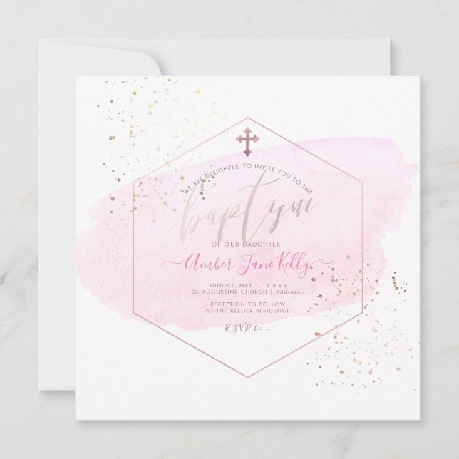 Convites PixDezines Blush Watercolor+Honeycomb Baptism (Frente)