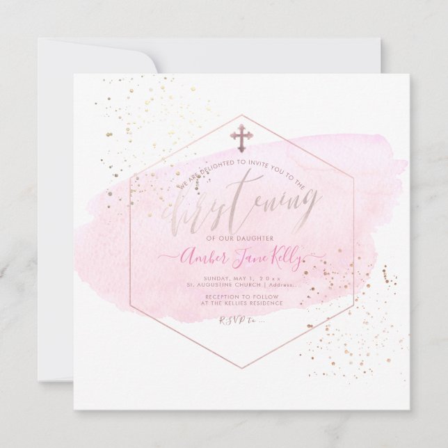 Convites PixDezines Blush Watercolor+Honeycomb Christening (Frente)